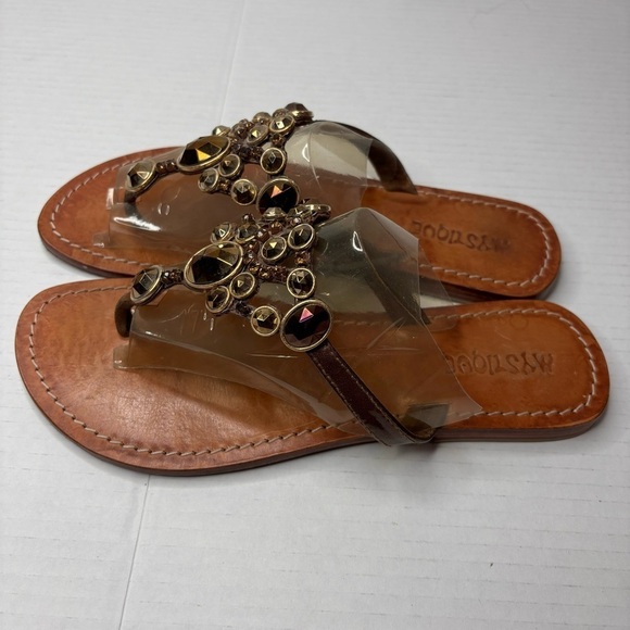 MYSTIQUE Brown Crystal Slip On Leather Sandals Size 8 - Picture 1 of 5